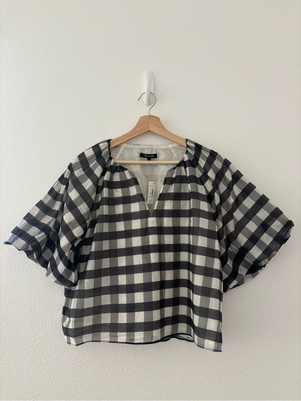 Size 4 Madewell Black & White Gingham Puff-Sleeve Blouse